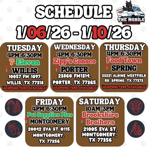 This Week at The Mobile Vet Clinic! 🐶🚐 We’re rolling into your area with a van full of services and smiles: 🌟 $35 Wellness Exams: Quick checks to keep tails wagging. 💉 Vaccinations: Keep your best friend up to date this year on the essentials! ✂️ $20 Nail Trims: We make paws look as good as new. 💊 On-Site Pharmacy: for immediate relief & preventative care. 👩🏻‍⚕️ Trusted Pet Pros: With a licensed veterinarian always on site specializing in ear and skin treatment and offering techniques suc