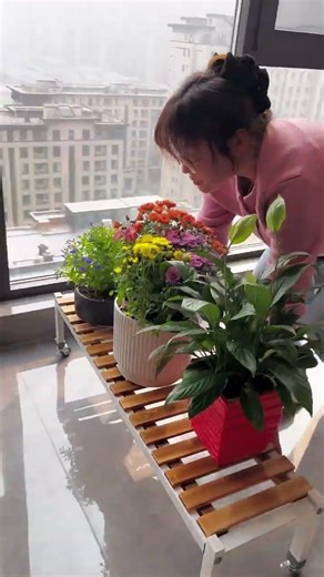 A single-layer flower rack on the balcony makes it easy to clean up fallen