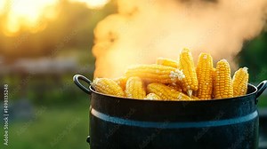 A cauldron full of freshly boiled corn under open sky, golden cobs peeking through the mist of hot steam, evoking comfort food and natural flavors