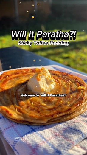 Rege on Instagram: "Sticky Toffee Pudding | Will it Paratha?! 🫓 Double-layer laccha, caramelised dates + dulce de leche inside, clotted cream + honeycomb on top. Full Ghee Unit in the house - Mum Ji verdict first… then the Big Man arrived. The Big Man told me I need to excel… so I threw the kitchen sink at this one. What would you score it out of 10? (Sticky toffee inspired - don’t come for me 😭)"