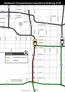 🚧PART 2 🚧 Plan ahead for weekend closures in the I-10 Broadway Curve Project area! Westbound Interstate 10 will be closed between Loop 202 (Santan/South Mountain Freeway) and US 60 from 10 p.m. Friday, Aug. 25, to 4 a.m. Monday, Aug. 28, for a traffic shift. At the same time, the following ramps will be closed: 🚧 The westbound I-10 on-ramps at Wild Horse Pass Boulevard/Sundust Road, Chandler Boulevard, and Ray, Warner, Elliot and Baseline roads. 🚧 The westbound Loop 202 (Santan Freeway) ramp