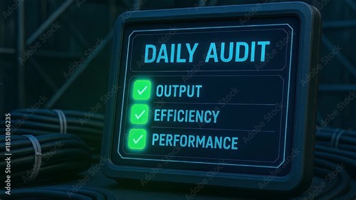 Daily audit screen displaying output, efficiency, and performance checklist with green check marks glowing on digital display, enhancing productivity and quality control in dark industrial setting