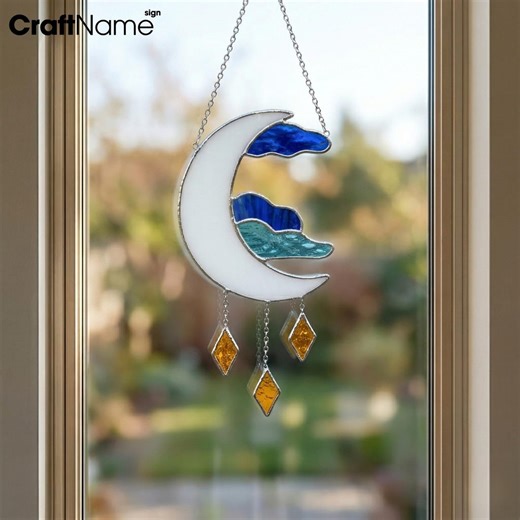 Crescent Moon Star Stained Glass Suncatcher, Celestial Window Hanging Decor, Handmade Night Sky Glass Art