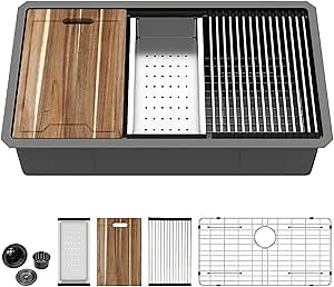 Kichae 32 Inch Undermount Kitchen Sink Black - 32" x 19" Kitchen Sink Workstation Gunmetal Black Stainless Steel 16 Gauge Handmade Single Bowl Basin