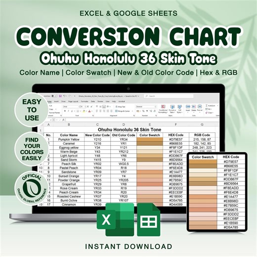 Ohuhu Honolulu 36 Skin Tone Conversion Chart | Hex and RGB Codes for Digital Artists | Excel & Google Sheets Template | Marker Color Swatch - Etsy Ireland