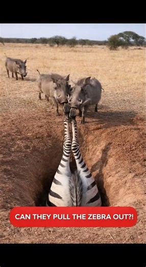Three Warthogs Team Up to Pull an Upside-Down Zebra From a Hole🐗🦓