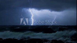 Dramatic thunderstorm over turbulent ocean, lightning strikes and crashing waves