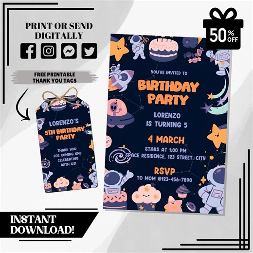 Editable Space Birthday Invitation | Outer Space Party Invite | Galaxy Theme Printable Template | Instant Download - Etsy