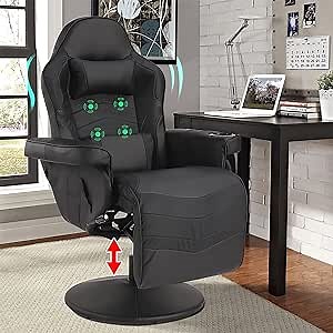 LVUYOYO Reclining Gaming Chair, Gaming Chair with Footrest and Massage, High Back PU Leather Gaming Recliner w/Adjustable Height, Swivel Game Chair with Lumbar Support, Cup Holder, Headrest