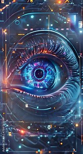 A glowing blue eyeball with a circuit board pattern in the iris and binary code and numbers surrounding the eye.
