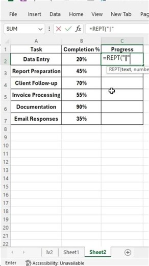 Create Progress Bar in Excel Using REPT Function | Easy Formula Trick #excel #excelshorts