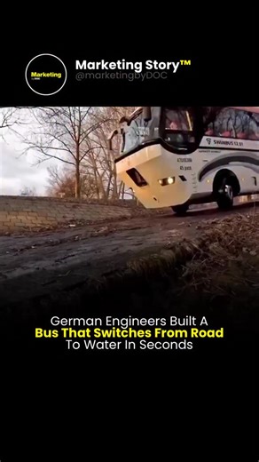 Marketing Story™ on Instagram: "German Engineers Built a Bus That Transforms From Road Vehicle to Boat Almost Instantly. 😳⚙️ This amphibious vehicle is engineered with a sealed hull, reinforced drivetrain, and integrated water propulsion, allowing it to transition from asphalt to river without stopping, switching vehicles, or unloading passengers. The wheels retract, the propulsion system engages, and the bus operates like a marine vessel while maintaining full steering and stability, all contr