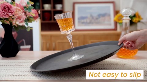 Lallisa 8 Pcs 16'' Large Restaurant Serving Trays with Rubber Lined Plastic Non Slip Tray Non Skid Round Serving Platter Server Tray for Bar Drink, Cafeteria Food, Coffee, Table, Hotel, Party, Black