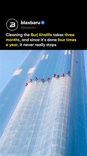 BlaxBaru on Instagram: "Cleaning the world’s tallest building is a job that never ends. On the exterior of the Burj Khalifa, elite high-altitude window cleaners descend hundreds of meters above the ground, suspended by ropes against endless glass. A single full cleaning cycle takes three months to complete. But because the tower is cleaned four times a year, the operation is effectively non-stop—an ongoing loop of precision, endurance, and trust in engineering. Dressed in red safety gear, multip