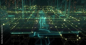 Futuristic 3D rendered animation of a labyrinth surrounded by the network lines and wires