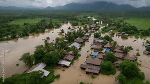 An impoverished village in a third-world country was submerged when seen from the air after a monsoon.
