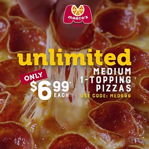 24K views | Stock up on Marco’s unlimited medium 1-topping pizzas for $6.99 each — they're a great dinner and an even better packed lunch *Use Code MED699. Limited time only. Price and participation may vary. Terms and conditions may apply. See store or marcos.com for details. | Marco's Pizza | Facebook