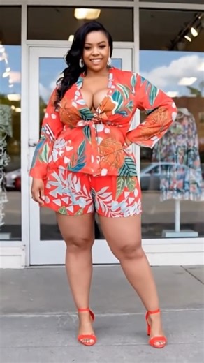 Trendy Plus Size Fashion - Blazer and High Waist Shorts in Tropical Print #curvyfashion