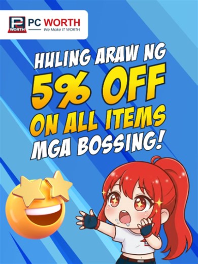 LAST DAY na ng 5% OFF promo sa PC Worth! 😭 Ito na ang final chance mo para makuha ang 5% OFF on ALL ITEMS, bossing! Habol na kung balak mong magpa-build o mag-upgrade ng PC mo today! Gamitin lang ang voucher code: GASUPPCDOWN5. Ano pa inaantay niyo? visit pcworth.com or punta na sa nearest PC Worth branch sa inyo! Bilisan na, last day na bossing! Here at PC Worth, We Make It Worth! 😎 #PCWorth #WorthIt #UpgradeNow #KachiApproved