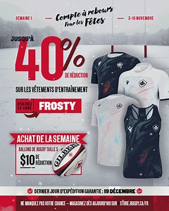 Week 1 of our Holiday Countdown on the Rugby Canada Store is LIVE! 🏉 From November 3-10 get up to 40% off Rugby Canada Training Wear. Use the promo code: FROSTY to activate. AND our buy of the week is $10 off rugby size 5 balls! | Rugby Canada