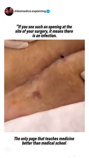 Medical 🏥⚕️ on Instagram: "If you see such an opening at the site of your surgery, this indicates an infection at the surgical site. You must see your doctor and not neglect it, because this opening could grow and the surgical wound could reopen, making it harder to treat later. At this early stage, it might be treated simply with oral antibiotics. But if it grows and the condition worsens, you might need surgical cleaning (debridement) and daily wound care, along with intravenous antibiotics. 