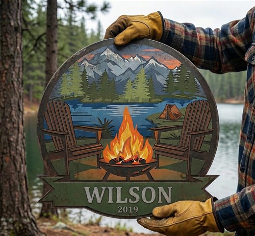 Custom Metal Camping Sign, Personalized Campfire Lake & Mountain Wall Art, Outdoor Cabin Decor - Etsy