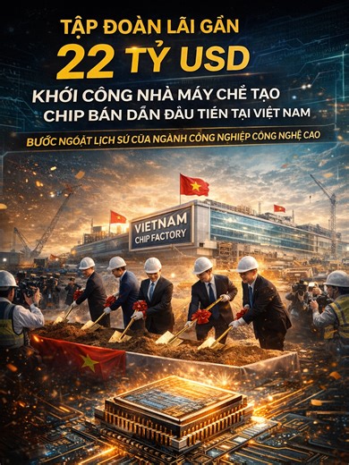 TẬP ĐOÀN LÃI GẦN 22 TỶ USD KHỞI CÔNG NHÀ MÁY CHẾ TẠO CHIP BÁN DẪN ĐẦU TIÊN TẠI VIỆT NAM: BƯỚC NGOẶT LỊCH SỬ CỦA NGÀNH CÔNG NGHIỆP CÔNG NGHỆ CAO Việt Nam vừa chính thức ghi dấu trên bản đồ bán dẫn toàn cầu khi một tập đoàn công nghệ quốc tế có lợi nhuận gần 22 tỷ USD khởi công nhà máy chế tạo chip bán dẫn đầu tiên tại Việt Nam. Đây không chỉ là một dự án FDI thông thường, mà là tín hiệu chiến lược cho thấy Việt Nam đang bước vào chuỗi giá trị công nghệ cao cốt lõi của thế giới. 🧠 VÌ SAO DỰ ÁN NÀ