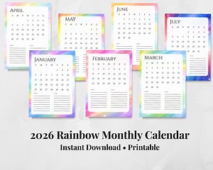 Printable 2026 Rainbow Desk Calendar Size 4x6 | Colorful Monthly Desktop Calendar With Notes & To-do Section | Digital Download - Etsy Canada