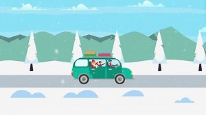 Seamless loop cartoon animation of a family in a van driving on snowy road in winter 2D in 4K UHD 3840x2160