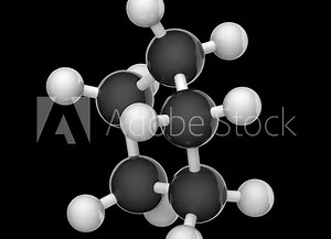 Structural chemical formula and molecular structure of Cyclopentane(pentamethylene). Formula: C5H10. 3D render. Seamless loop. Chemical structure model: Ball and Stick. Black background