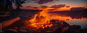 Glowing campfire by the lake. Sunset with open flames, fire, and logs. Camping on the beach at night. Serene lake landscape 4K Video Stock Video
