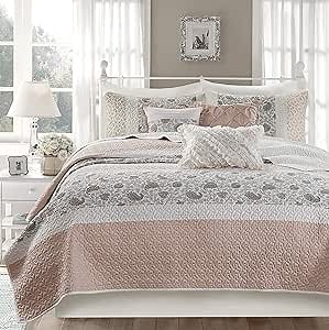 Madison Park 100% Cotton Quilt Set Floral Print, Double Sided Stitching, All Season, Lightweight Coverlet Shabby Chic Bedding Layer, Matching Shams, King/Cal King, Blush 6 Piece