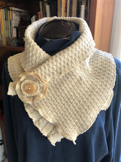 Upcycled Cotton Knit Scarf, Short Collar Shawl, White With Handmade Brooch for Closure. #SCF315 - Etsy