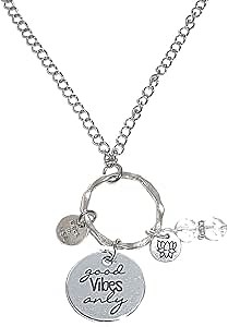 Rear View Mirror Car Charm Ornament, Sun Catcher, Hanging Pendant, Stainless Steel Chain and Crystal Accents, Packaged in a Gift Bag (Good Vibes Only)