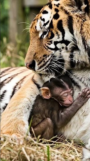 An Unlikely Bond: Baby Monkey Finds Comfort with a Tiger 🐒🐯