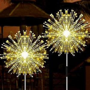 JJGoo Outdoor Solar Lights Firework, 2 Pack 120 LEDs Waterproof Solar Lights for Outside Garden Yard Pathway Fence - Warm White