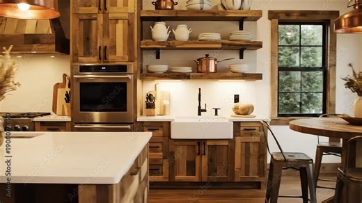 A cozy, warm-toned rustic kitchen interior, detailed with custom wood cabinetry and open shelving above a farmhouse sink, is captured in this residential shot.