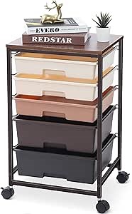 SYKIARIOL Utility Cart with 5 Drawers,Storage Drawer Cart with Wooden Tabletop and Lockable Wheels,Craft Storage Trolley Cart,5-Tier Rolling Utility Cart on Wheels,Dark Brown