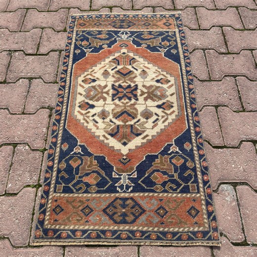 2x3 Navy Rust Vintage Turkish Oushak Rug With Cream Medallion And Floral Details