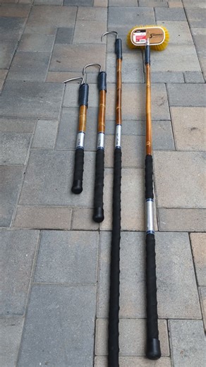 Morita Gaffs on Instagram: "First set rolling off the line for 2026. This set is headed to a long time customer who takes advantage of the season and reloads the quiver with a new color combo, design, and gaff sizes. •Elite Series: 6ft, 4ft, 2ft pick, & Deck Brush with Silver Metallic Dragon Scale, wrapped in navy and grey. #saltwaterfishing #bamboogaffs #customgaffs #calcuttabamboogaffs #theoriginalcustomgaff"