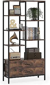 LITTLE TREE Bookshelf, 5-Tier Tall Bookcase with Drawers, Industrial Open Bookshelves with Storage Space