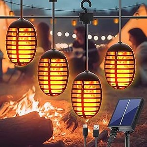 Solar Flame Lights Outdoor Waterproof 12 LED, Solar String Lights Flickering Flames 32.8ft,Hanging Outdoor Patio String Lights with 12 Hook, for Gazebo Yard Garden Backyard Pathway Decor