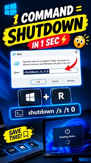 Shutdown Windows Instantly With One Command ⚡ | shutdown /s /t 0 #shorts #tech #techtips