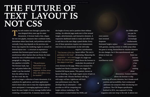 🚨 UM DOS CRIADORES DO REACT ACABOU DE TORNAR O CSS OBSOLETOE ele usou IA pra fazer isso.Cheng Lou, o cara por trás do React, ReasonML, e que trabalhou no Messenger e no Midjourney, lançou o Pretext.Uma biblioteca TypeScript de poucos KBs que mede e faz layout de texto sem tocar no DOM. Sem CSS. Sem reflow. Aritmética pura.O que isso resolve:→ Layout reflow é a maior fonte de travamento na web moderna→ CSS foi desenhado há 30 anos pra documentos estáticos→ Toda vez que um app precisa saber a alt