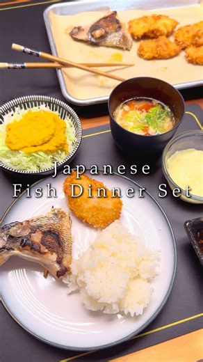 Japanese fish dinner set at home