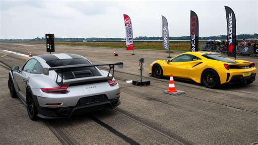 Porsche GT2 RS battles Ferrari 488 Pista in straight line battle