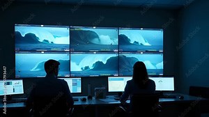 Control room operators analyzing disaster warning screen displaying real time multiple hazard alerts including tsunami flood and storm surge warnings in Photo Stock Concept and empty space on the l