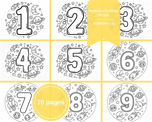 Space-themed Number Coloring Pages 1–10 – Rockets, Stars & Planets, Cute Printable for Preschool Kids - Etsy