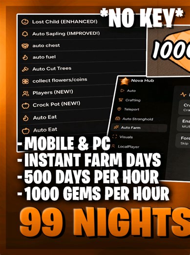 [🌟 NOVA HUB] 99 Nights in the Forest Script NO KEY – INSTANT FARM DAYS, AUTO EAT & 1000 GEMS/HR 💎 #99nightsintheforest #robloxscript #autofarm #killaura #viral