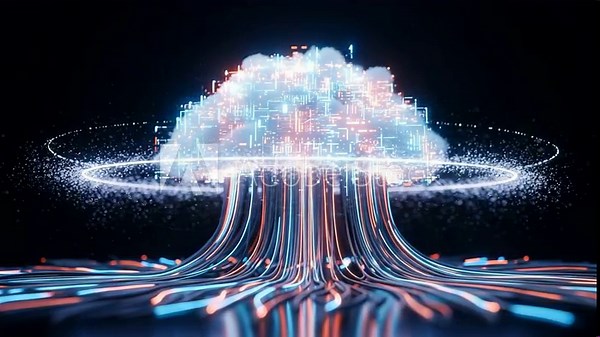 Dynamic digital cloud data flow with glowing circuits and energy streams connecting to the future